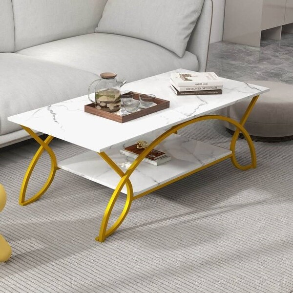 Modern Faux Marble 2 Tier Coffee Table with Metal Curved Legs