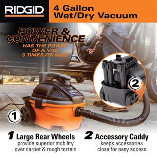 RIDGID 4 Gallon 5.0 Peak HP WetDry Shop Vacuum with Fine Dust Filter Hose Accessories and Additional 14 ft. Tug-A-Long Hose WD4070B