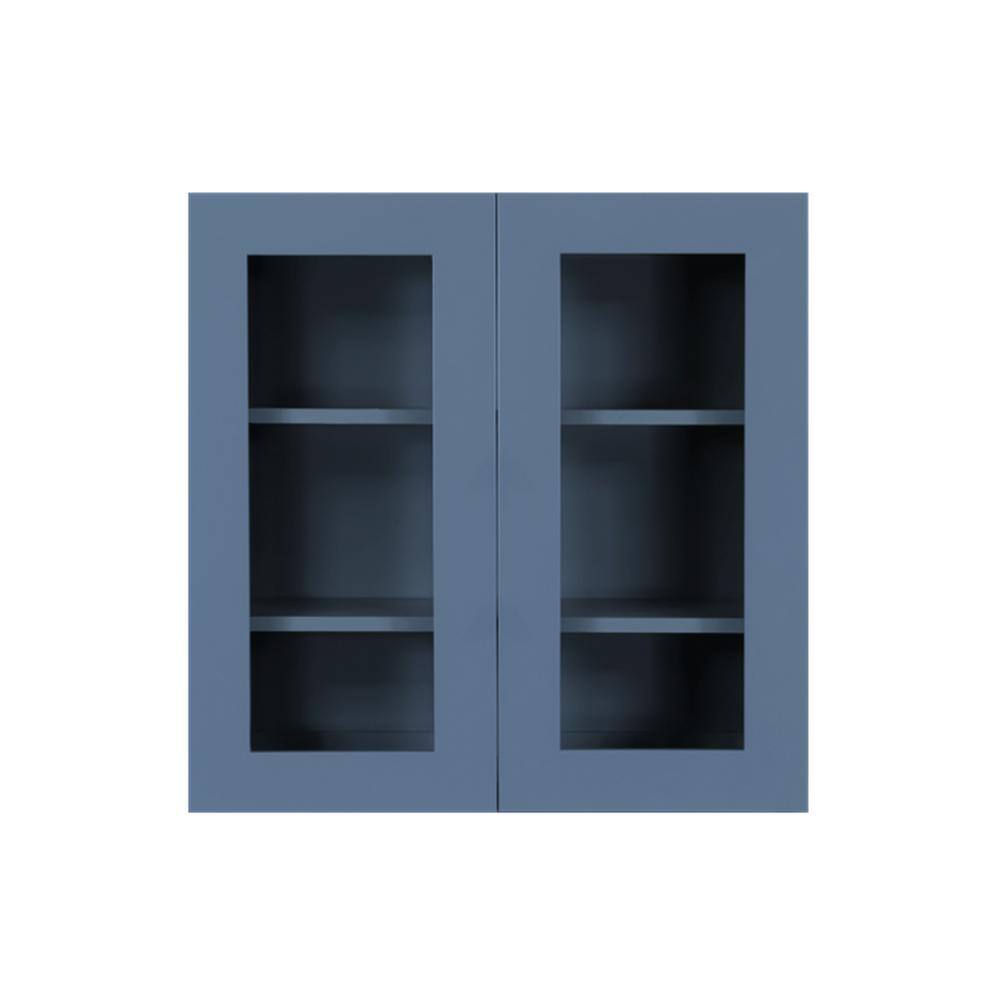 LIFEART CABINETRY Lancaster Blue Plywood Shaker Stock Assembled Wall Glass-Door Kitchen Cabinet 30 in. W x 12 in. D x 30 in. H ALB-WMD3030