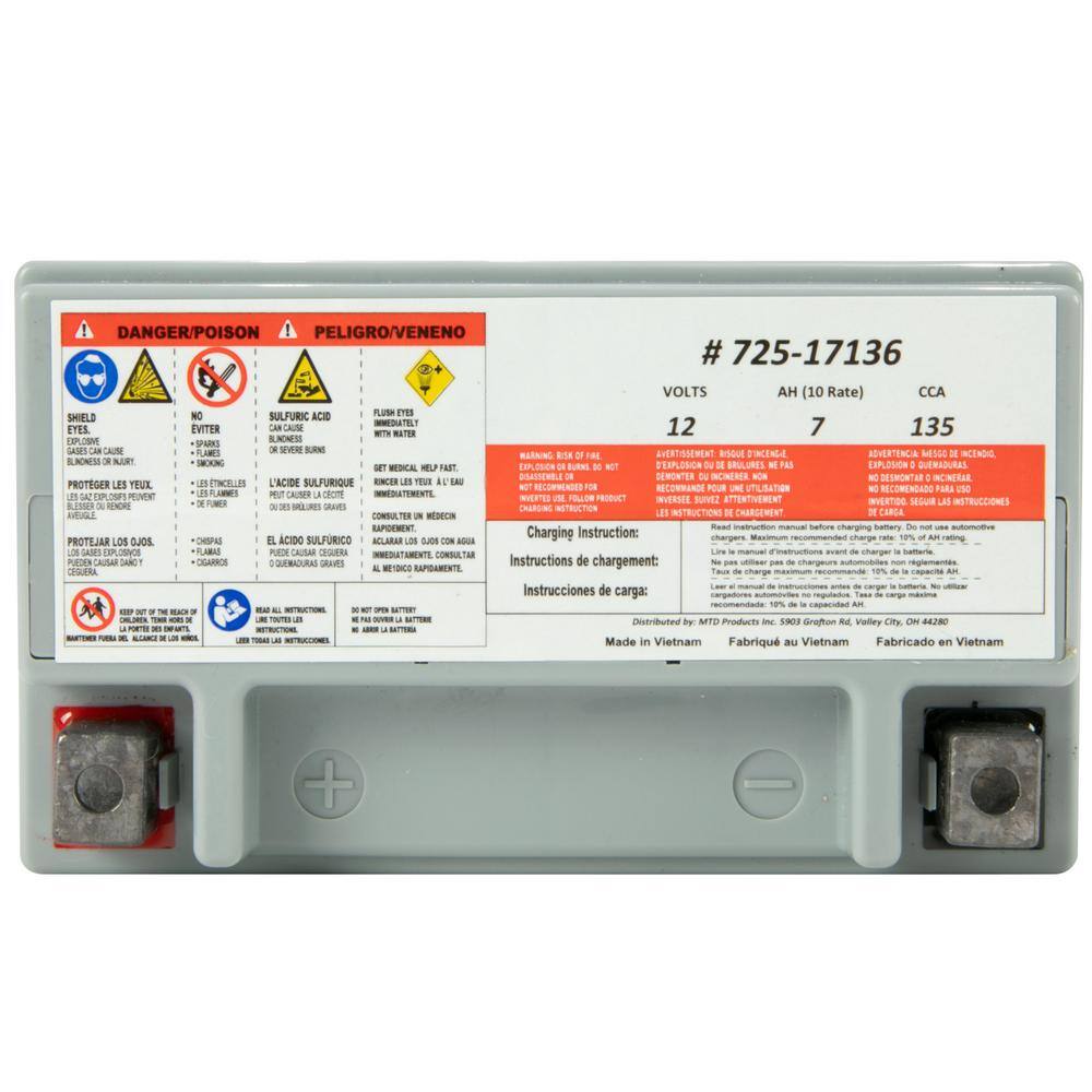 MTD Genuine Factory Parts Replacement 12-Volt 7 Ah 135 CCA Sealed AGM Riding Lawn Mower Battery 725P17136