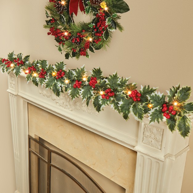 Collections Etc Led Lighted Holly Festive 5 foot Long Garland