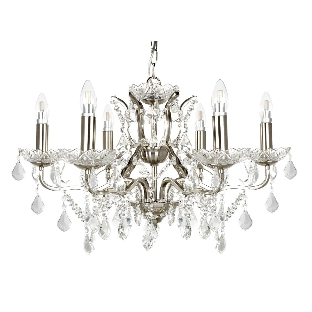 Searchlight 8736-6SS Satin Silver & Crystal Diamond Drops Decorative 6 Lamp Chandelier Pendant 70cm