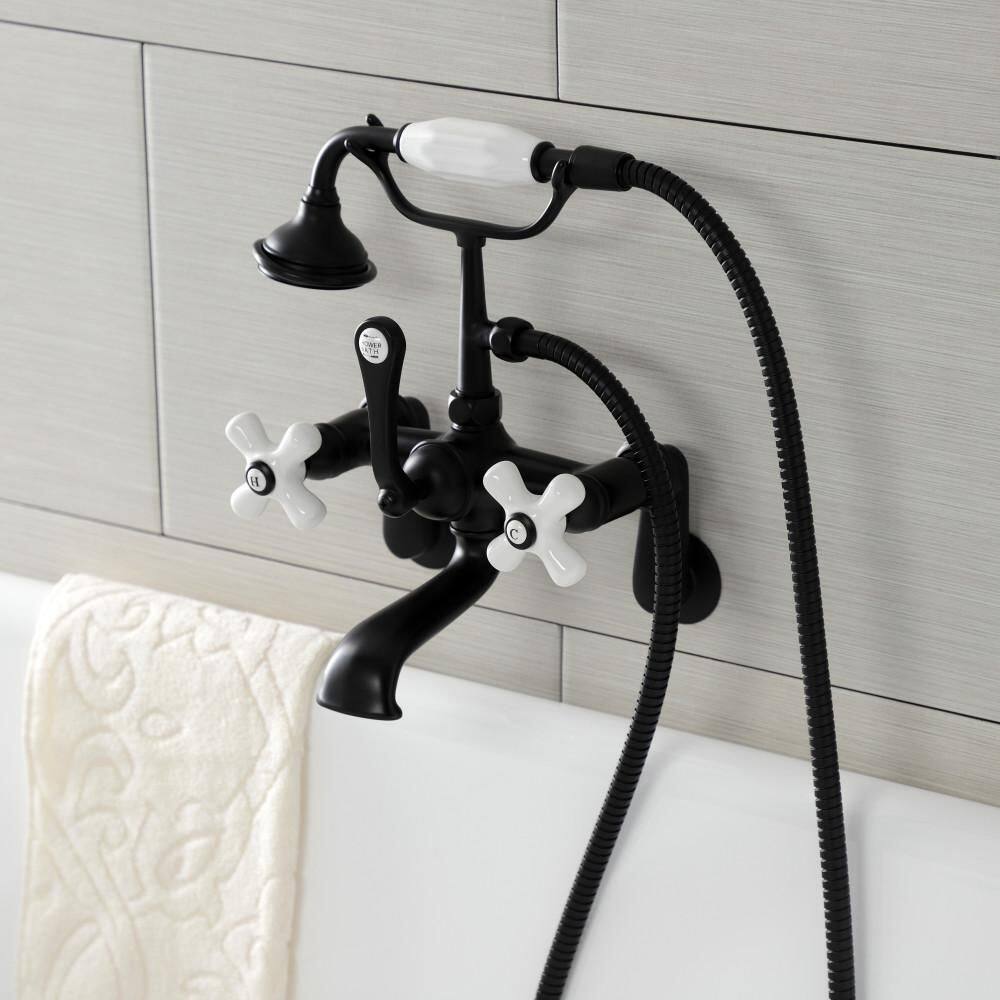 Kingston Brass Aqua Vintage 3-Handle Wall-Mount Clawfoot Tub Faucets with Hand Shower in Matte Black HAE59T0