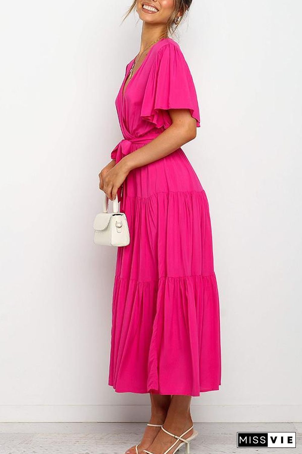 Ruffled Sleeve V-neck Tie Waist Maxi Dress P14492