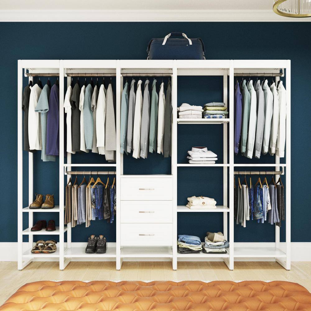 CLOSETS By LIBERTY 108 in. W White Adjustable Wood Closet System with 13-Shelves 6-Rods and 3-Drawers HS47567-RW-09