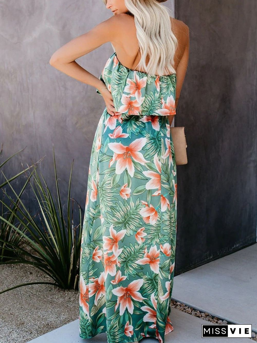 Tropical Plant Print Off-shoulder Ruffled Slit Long Dress P16061