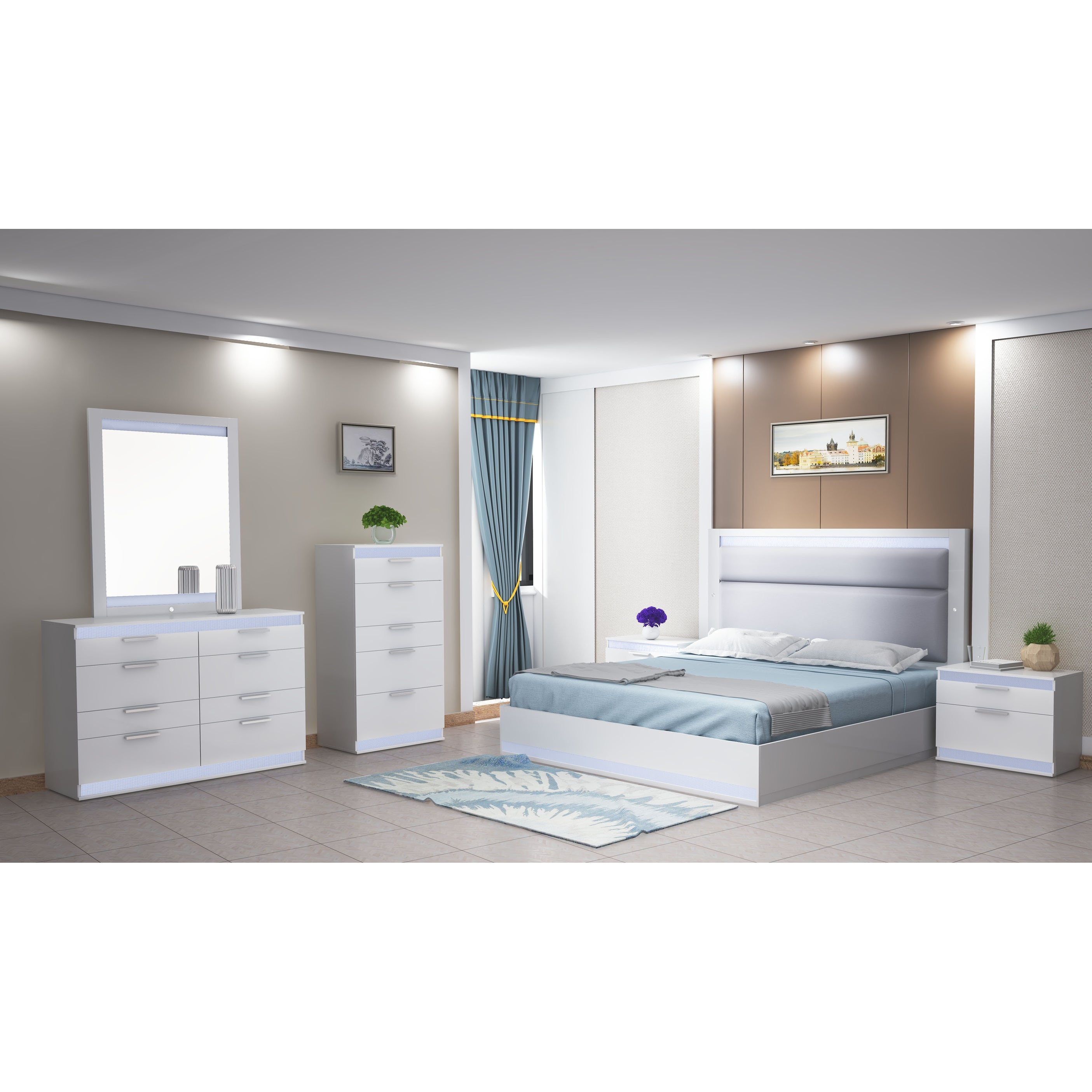 Somette Modern High Gloss White 4-Piece Bedroom Set with LED Lighting - - 34820482