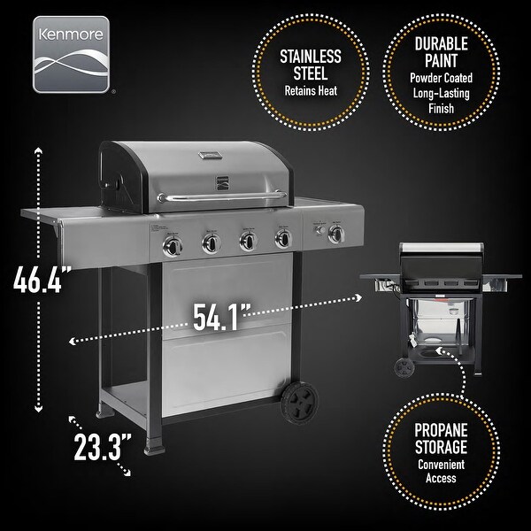 4-Burner Outdoor Propane Gas Grill with Side Burner， Open Cart， Stainless Steel