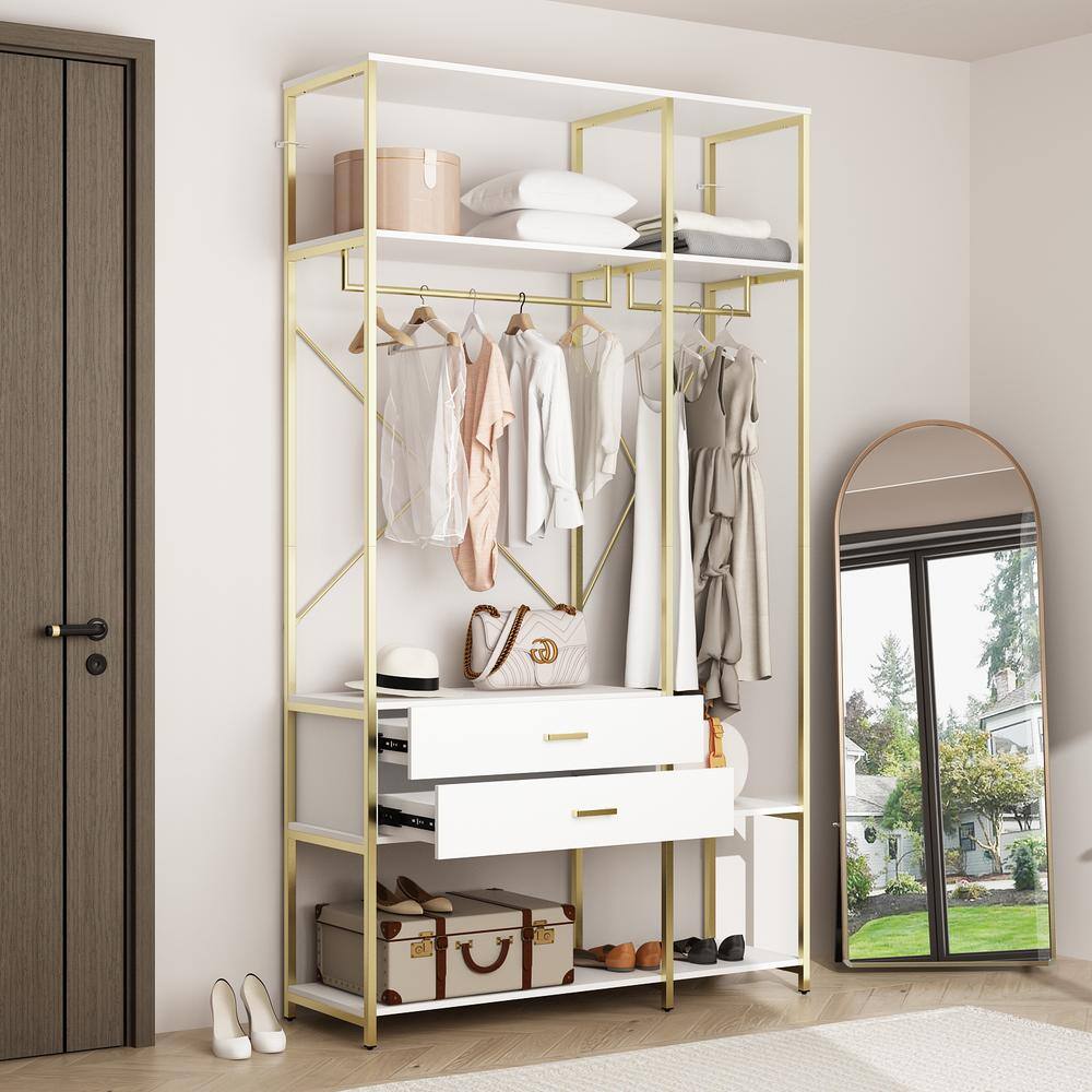 FUFUGAGA White and Gold Freestanding Metal Coat Rack Clothes Rack Closet Organizer with Hanging Rods and Open Shelf Drawers KF020382-01