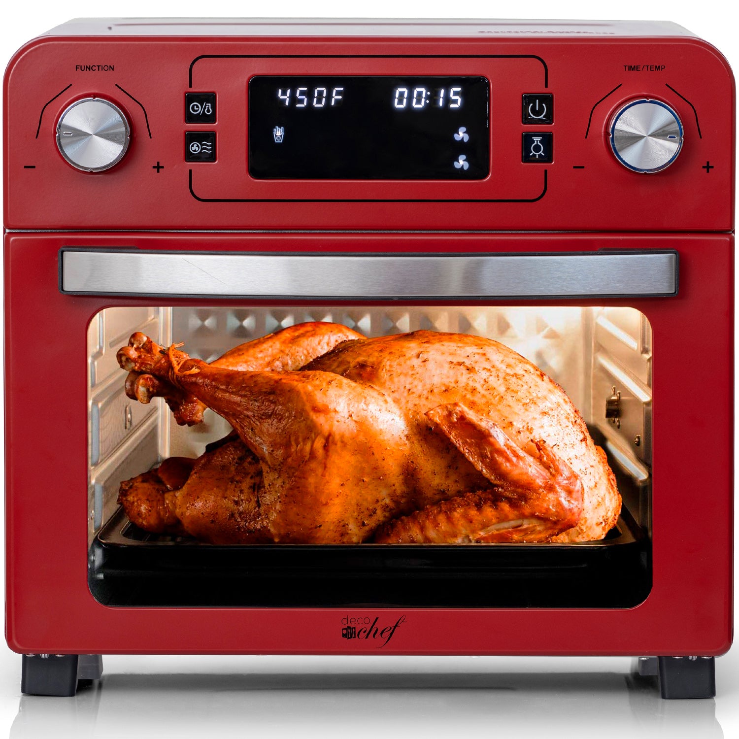 Deco Chef 24 QT Red Stainless Steel Countertop 1700 Watt Toaster Oven with Built-in Air Fryer and Included Rotisserie Assembly, Grill Rack, Frying Basket, and Baking Pan