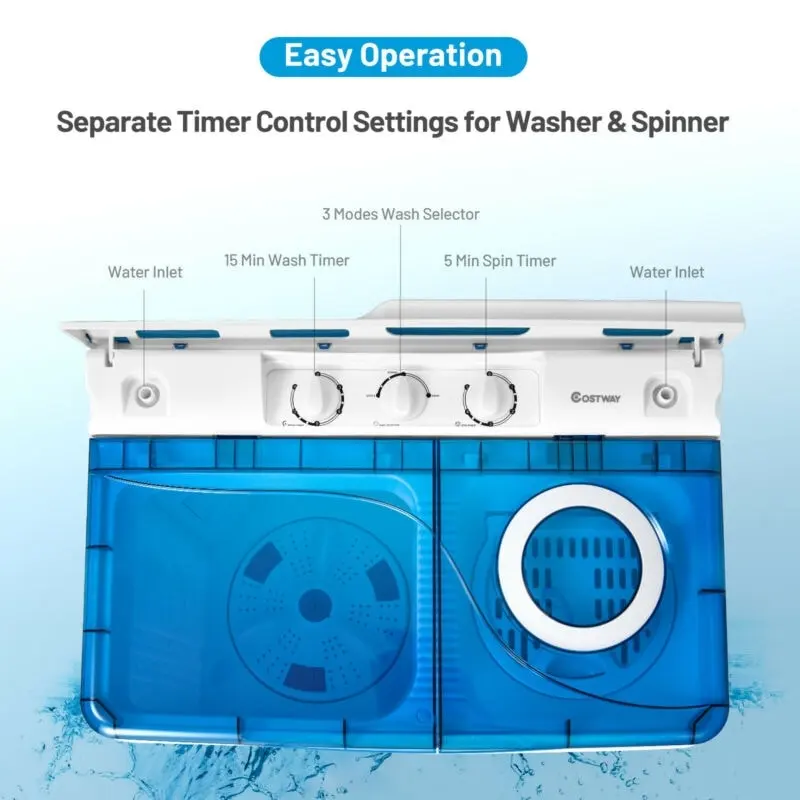 26lbs Portable Semi-automatic Washing Machine with Built-in Drain Pump Twin Tub Washer Spinner Combo