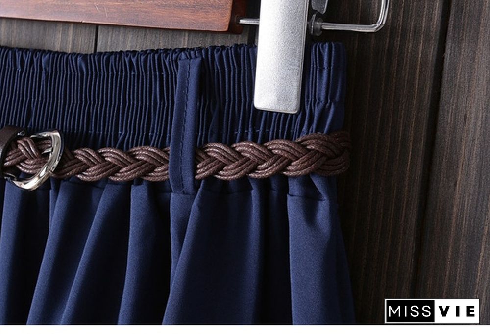 Midi Knee Length Summer Skirt Women With Belt Ladies High Waist Pleated A-Line School Skirt Female