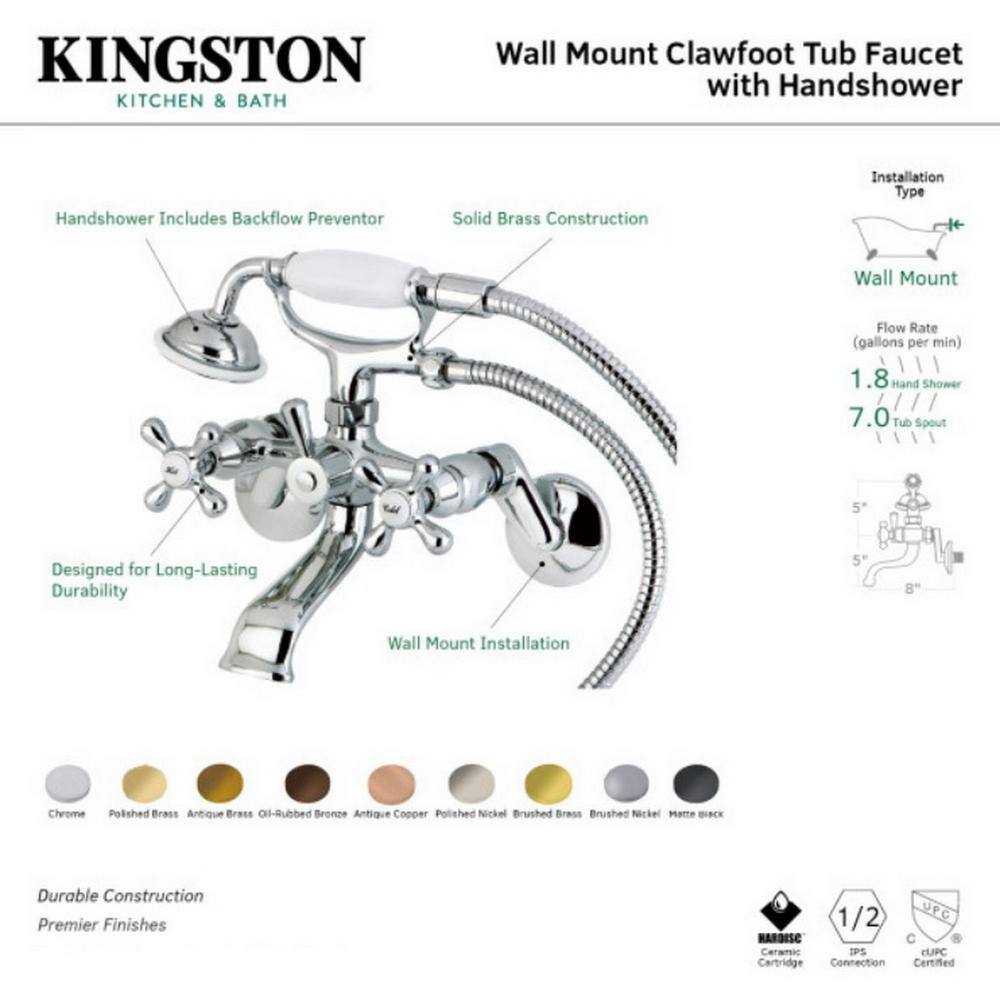 Kingston Brass 3-Handle Claw Foot Tub Faucet Wall-Mount Adjustable Centers with Hand Shower in Matte Black HKS266MB