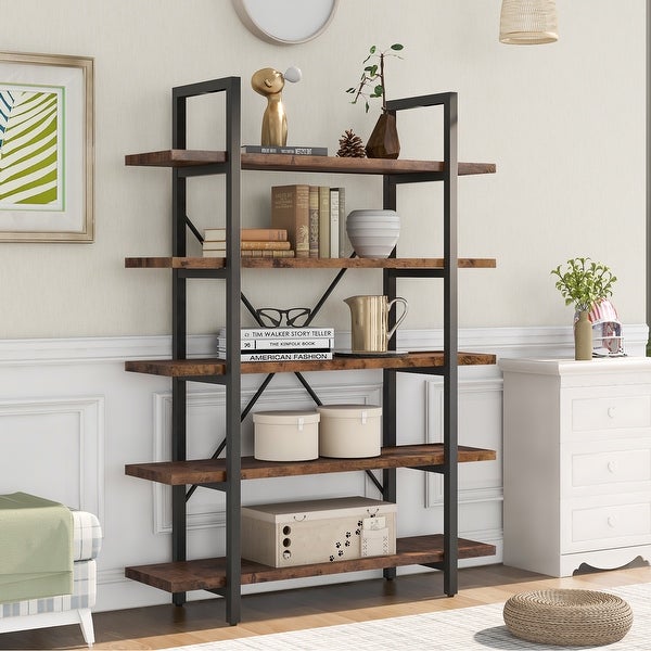 5-tier Bookcase with Wood and Metal Frame， Large Open Bookshelf for