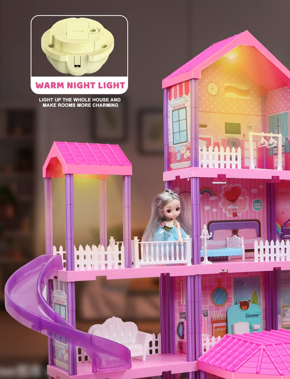 Beefunni 36 inch Dollhouse Playset Girl Toys, 11 Rooms with Doll Toy Figures Toddler Playhouse Christmas Birthday Gifts for 3 4 5 6 7 Year Old Girls