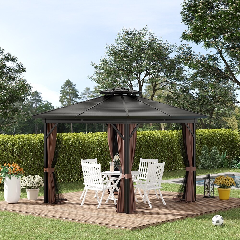 Outsunny 10'x 10' 2 Tier Roof Steel Hardtop Aluminum Permanent Gazebo with a Mesh Net and Privacy Sidewalls