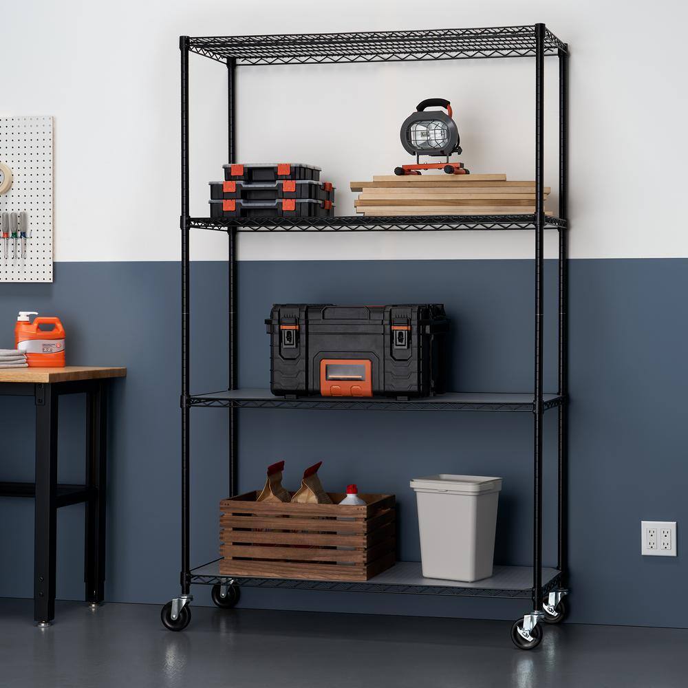 TRINITY EcoStorage Black 4-Tier Rolling Steel Wire Shelving Unit (48 in. W x 77 in. H x 18 in. D) TBFPB-0907