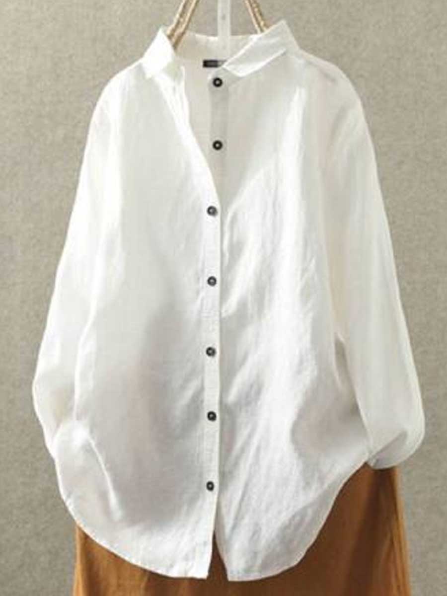 Lapel Casual Cotton And Linen Solid Color Loose Long-sleeved Blouse