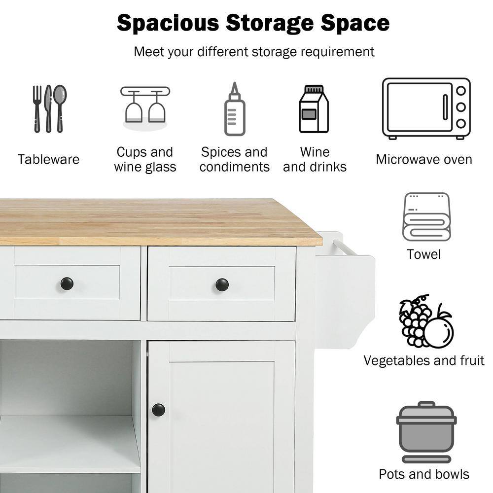 White Rubber Wood Desktop 53 in. W Kitchen Island on 5-Wheels with Storage Cabinet and 3-Drawers VJ026KIsland1