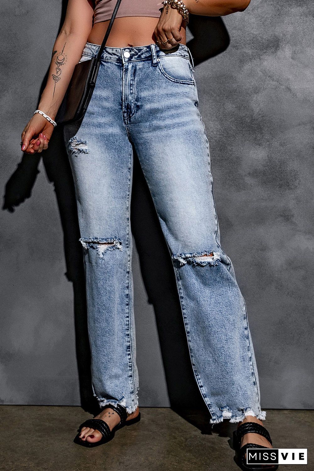 Sky Blue Washed Ripped Wide Leg High Waist Jeans