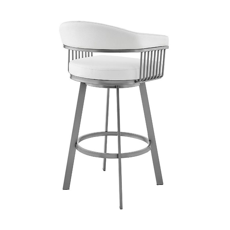 Swivel Barstool with Open Metal Frame and Slatted Arms， White and Silver