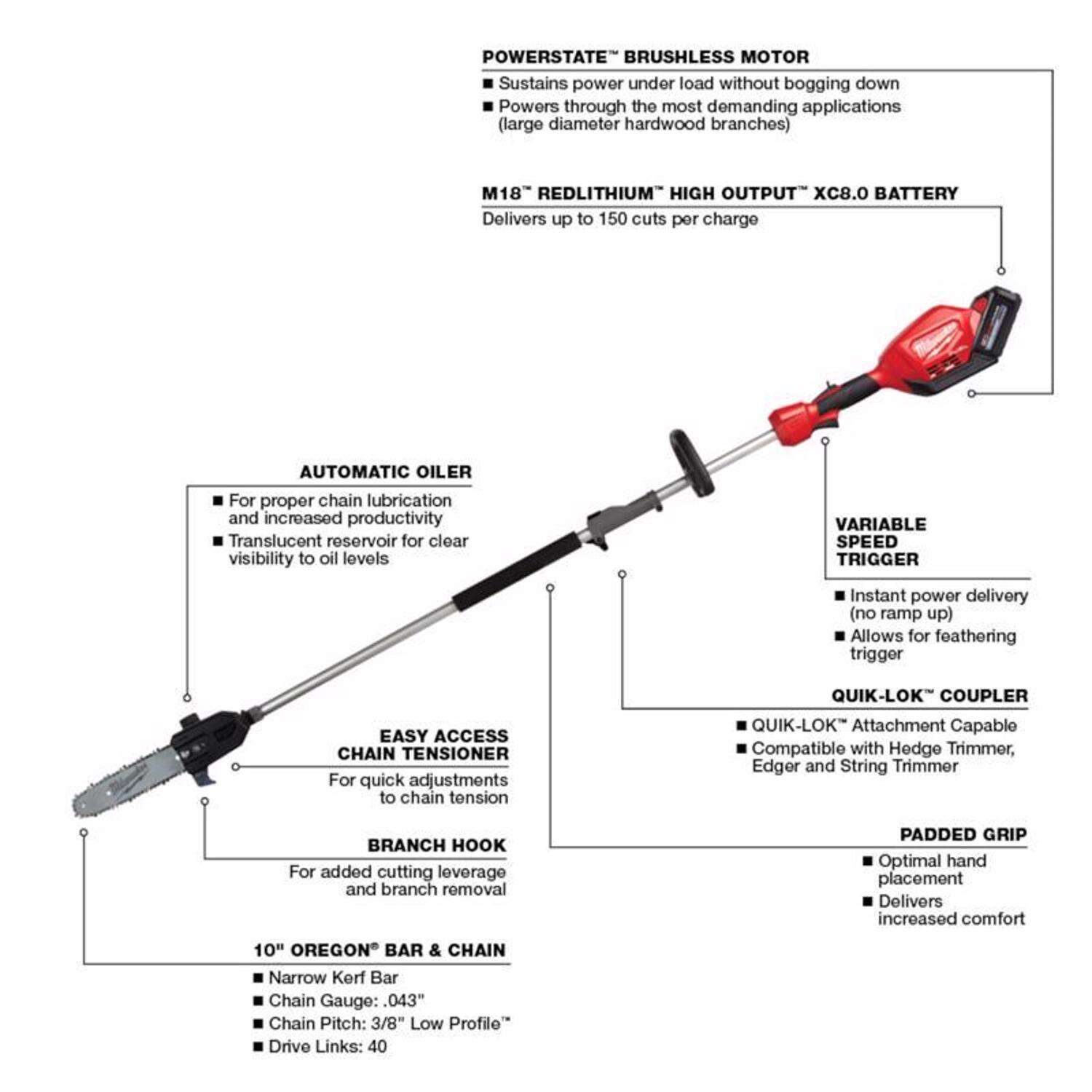 MW M18 FUEL 10 in. 18 V Battery Pole Saw Kit (Battery and Charger)