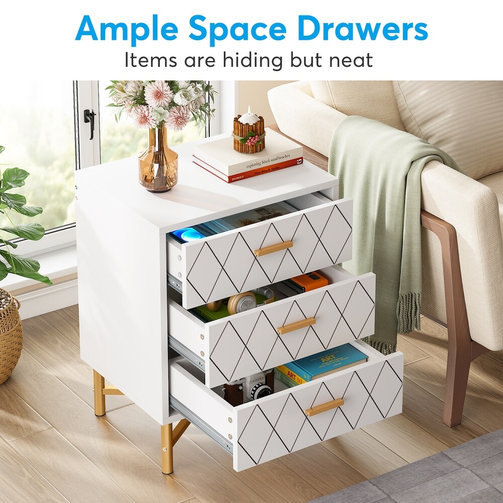 3 Drawer Nightstand Bedside Table with Diamond Design