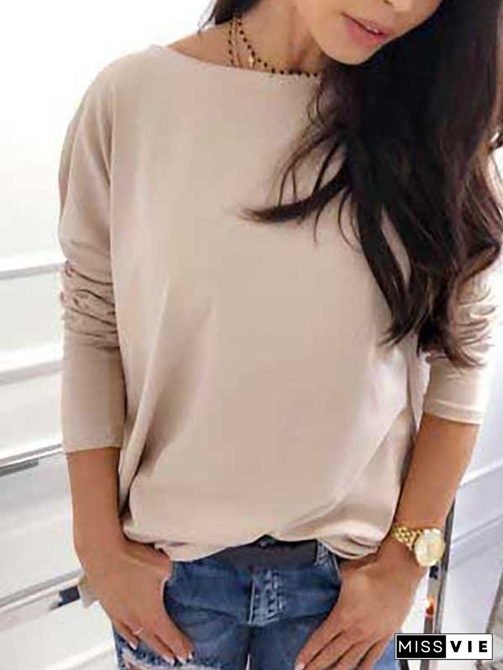 Casual Plain Autumn Micro-Elasticity Loose Jersey Standard H-Line Regular Size T-shirt for Women