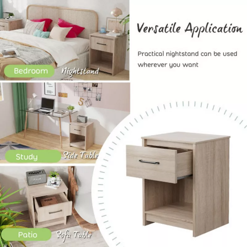 Wooden Nightstand with Drawer and Open Storage Compartment