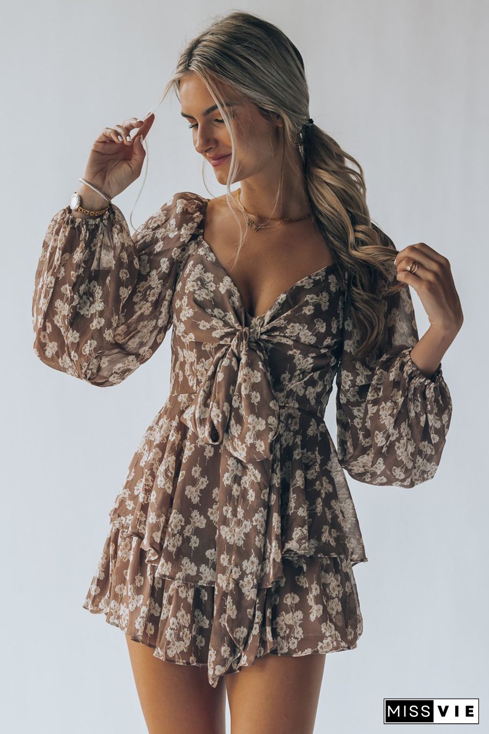 Brown Bubble Sleeve Floral Romper