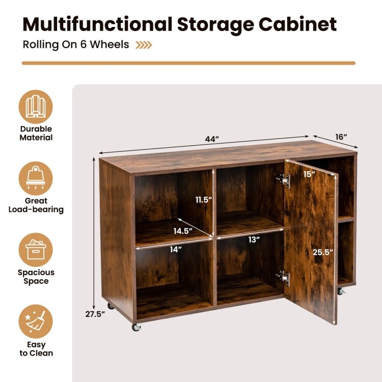 Wood Storage Cabinet with Wheels and 6 Compartments   44\