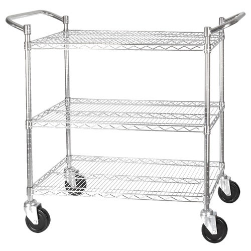 Winco VCCD-2448B 3-Tier Chrome Plated Wire Shelving Cart with Double Handle Design， 24