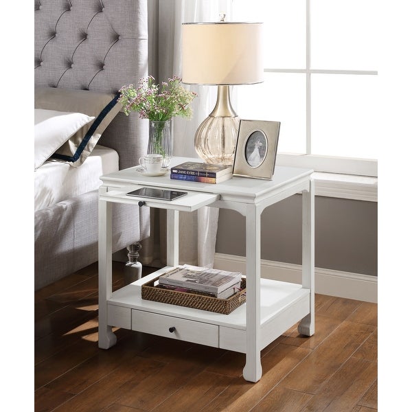 Transitional Accent Table Side Table， Antique White Finish