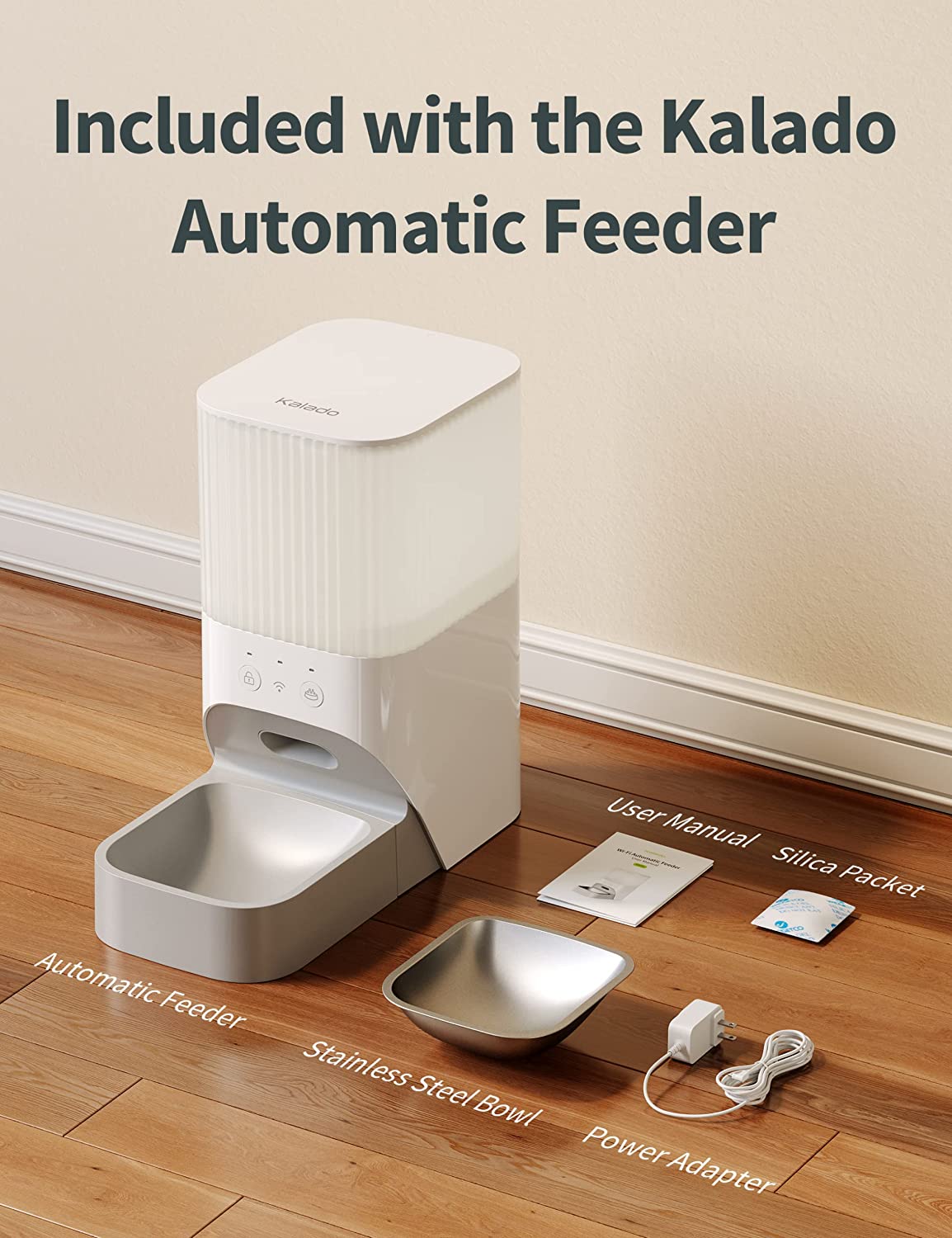 Kalado Smart WIFI Automatic Cat Feeder /Pet Feeder with 3.8L Dry Food Dispenser， Stainless Steel Food Bowl， Clog-Free and Dual Power Source in Pure