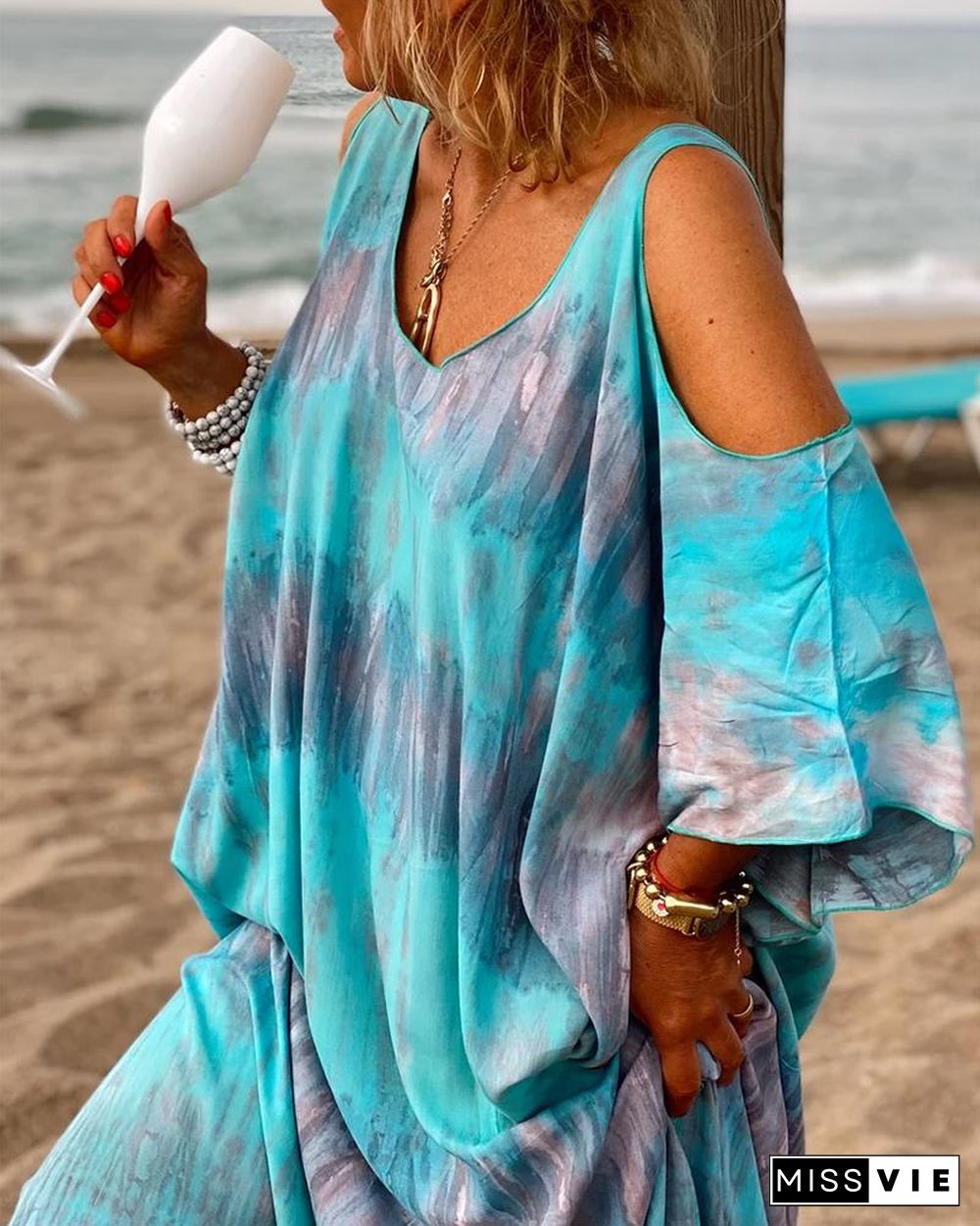 Tie-Dye Print Cold Shoulder Batwing Sleeve Maxi Dress P10008