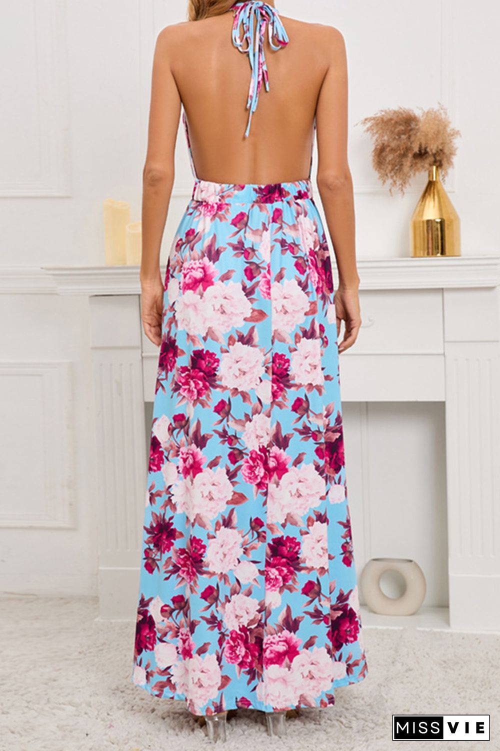 V Neck Halter Backless High Split Floral Maxi Dress