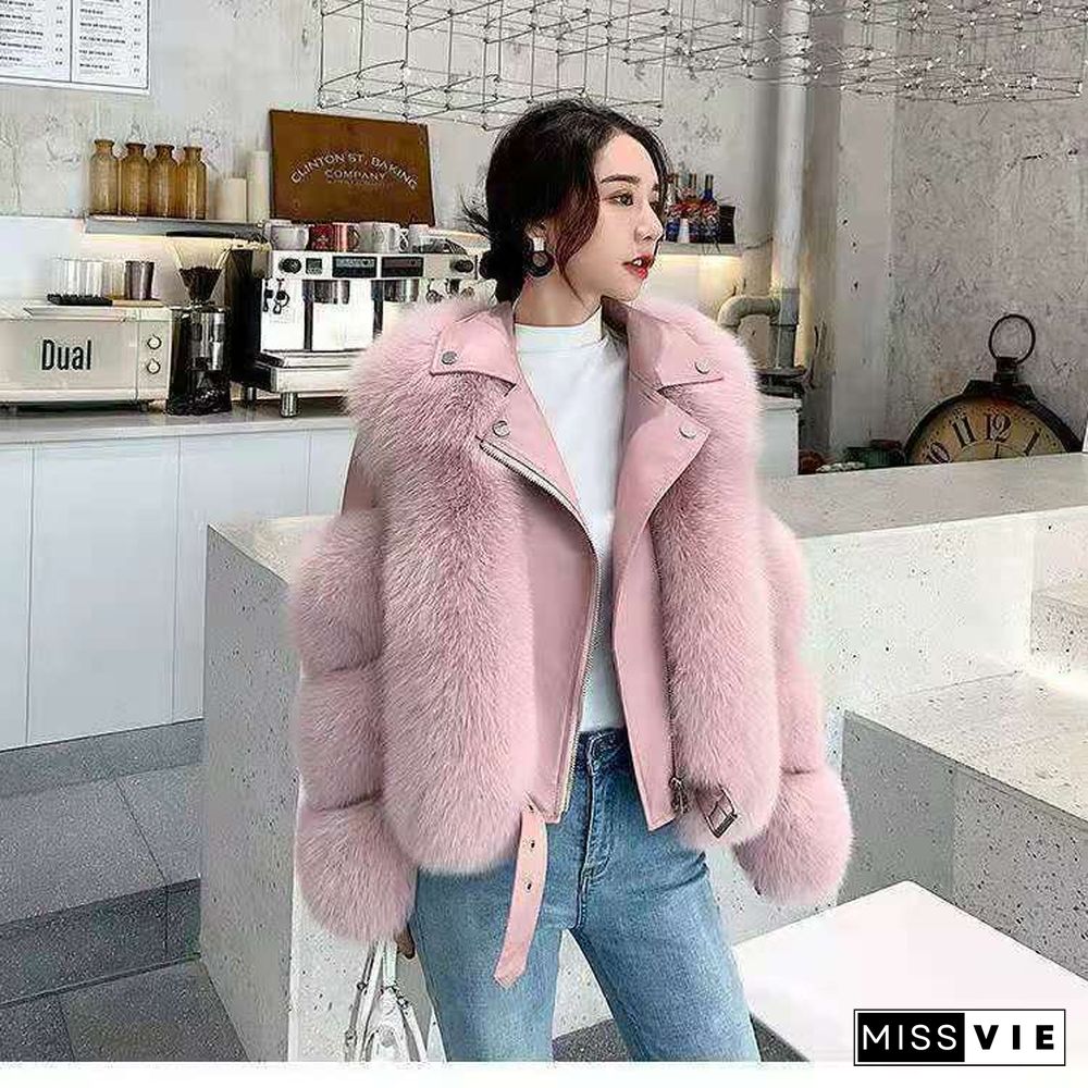 Women Faux Fur Coat with Fox Fur Winter Fashion New Motorcycle Style Luxury Fox Fur Leather Jackets Women Trendy Overcoats