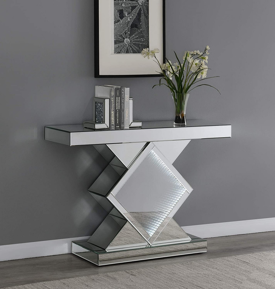 Modern Console Table  Geometric Mirrored Design With LED Lights  Silver Finish   Industrial   Console Tables   by Decorn  Houzz