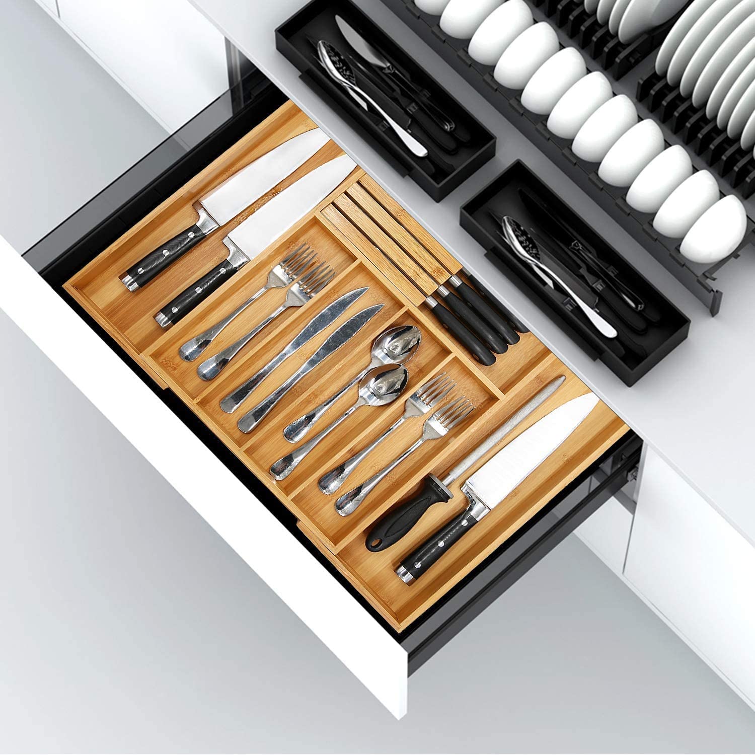 Bamboo Silverware Drawer Organizer Kitchen， Expandable Utensil Holder and Cutlery Tray with Divider | 13-21.6