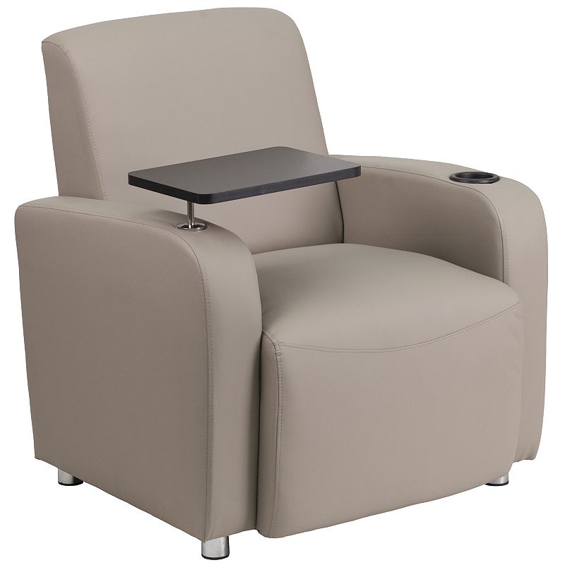 Emma and Oliver Gray LeatherSoft Tablet Arm Chair， Chrome Legs and Cup Holder