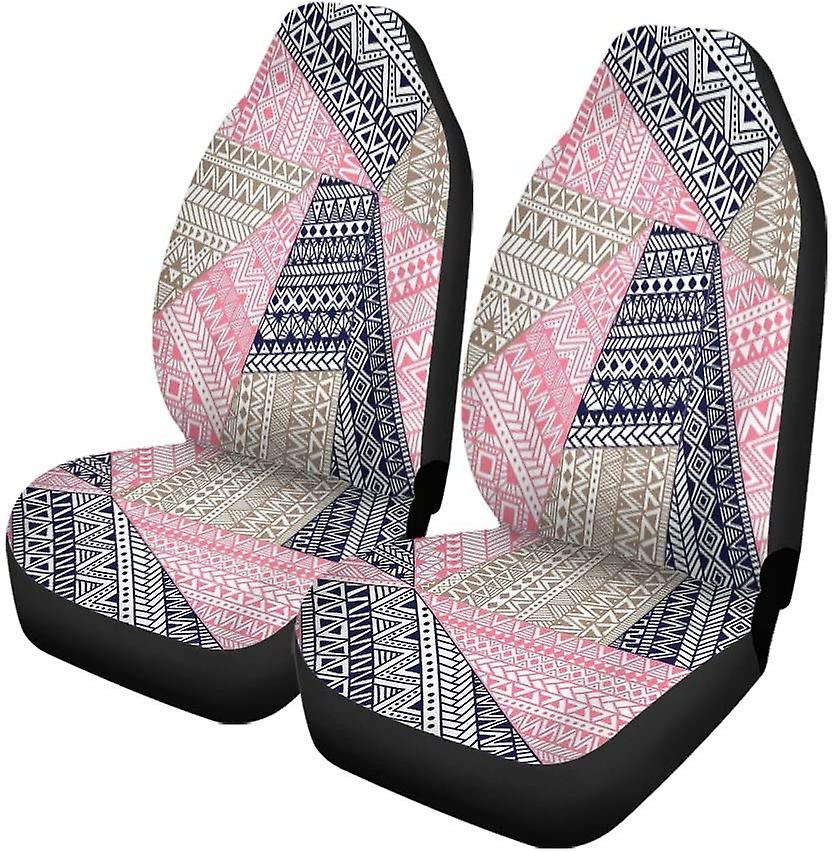 Set Of 2 Car Seat Covers Geometric Patchwork And Tribal Motifs Drawn Blue Gray Universal Auto Front Seats Protector Fits