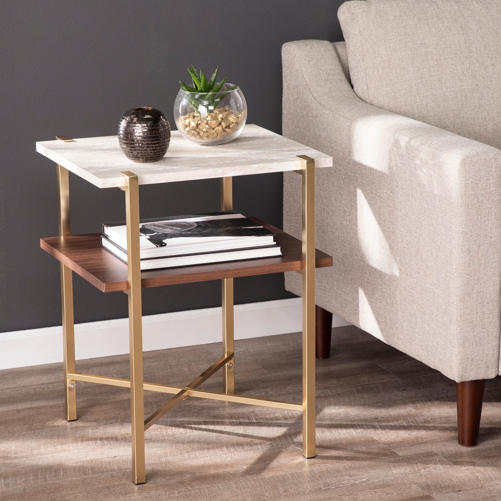 SEI Furniture Aldea Square Faux Marble Side Table w/ Storage