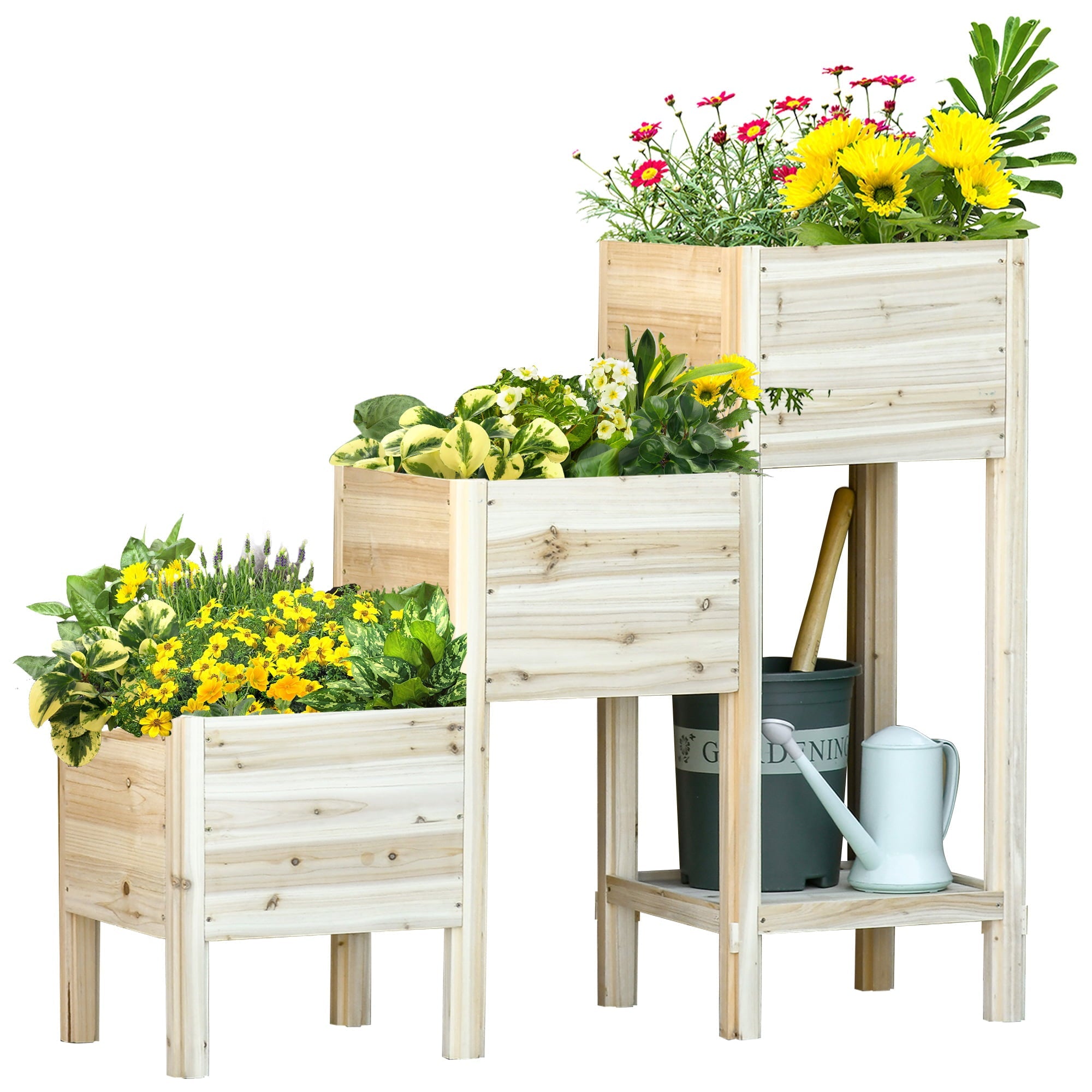 walmeck 3 Tier Raised Garden Bed w/ Storage Shelf, Elevated Wooden Planter Box Kit