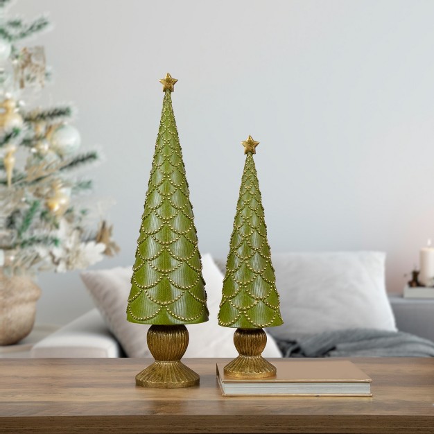 Green Christmas Tree Cone On Pedestal With Star Topper Tabletop Decor