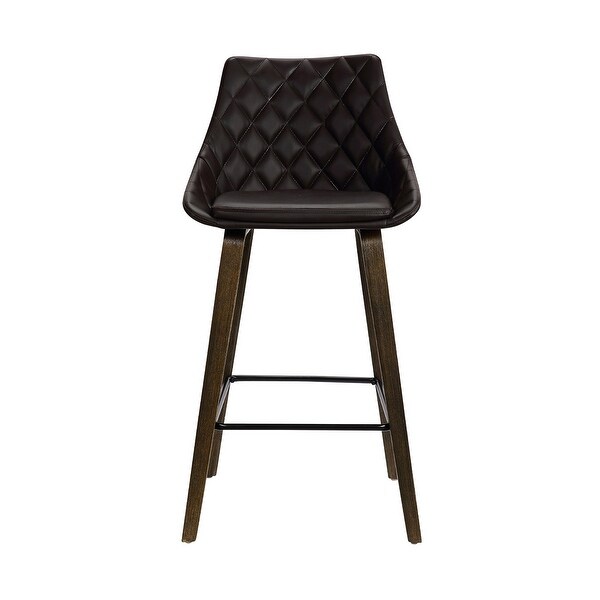 26 Inch Leatherette Diamond Tufted Wood Leg Barstool， Brown