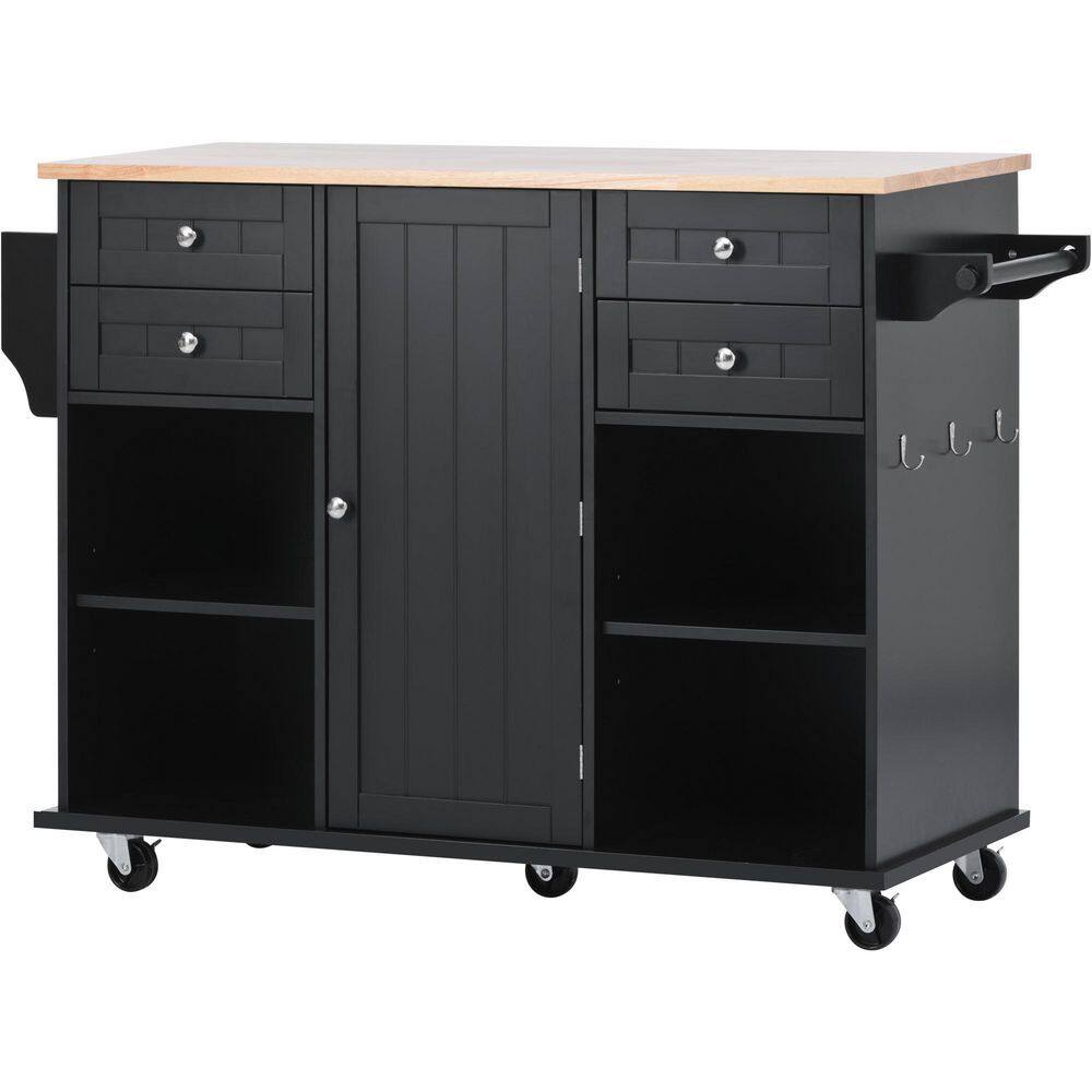 kitchen Island Cart with Spice Rac Towel Rack Drawer Rubber Wood Desktop 5 Wheels Including 4 Lockable Wheels In Black KITCHENBLACK07