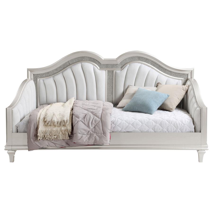 Evangeline Upholstered Twin Daybed with Faux Diamond Trim Silver and Ivory-360121