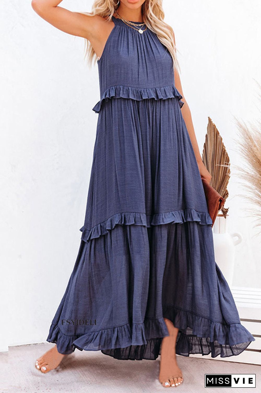 Ruffle Trim Shirred Tie Back Maxi Dress