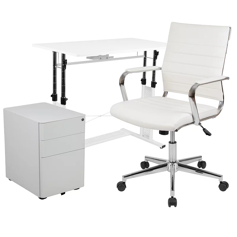 Emma and Oliver Work From Home Kit-Adjustable Desk， LeatherSoft Office Chair， Filing Cabinet