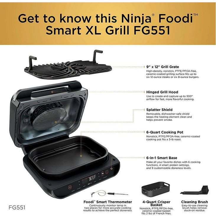 Ninja FG551 Foodi Smart XL 6-in-1 Indoor Grill with 4-Quart Air Fryer